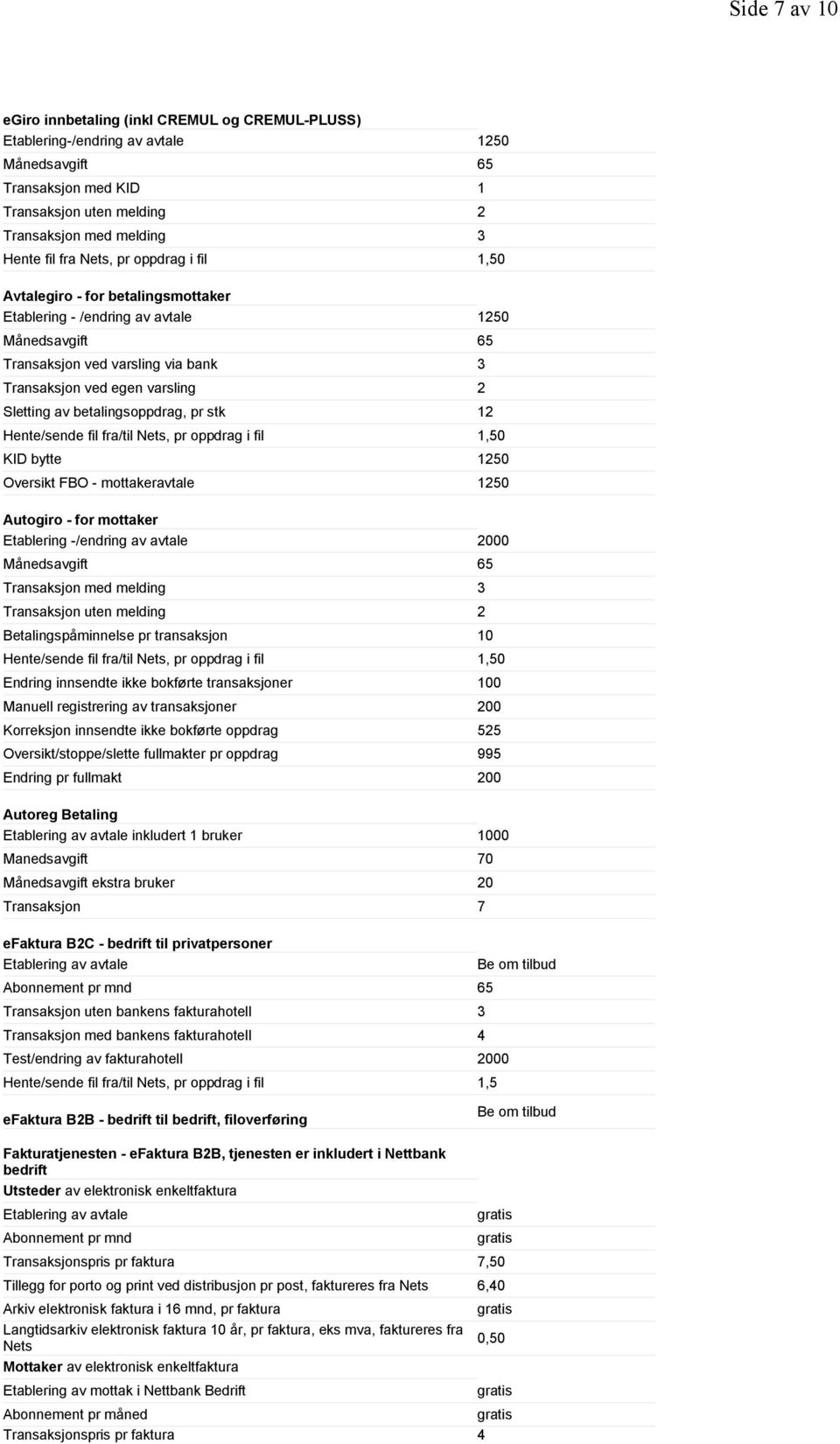 betalingsoppdrag, pr stk 12 Hente/sende fil fra/til Nets, pr oppdrag i fil 1,50 KID bytte 1250 Oversikt FBO - mottakeravtale 1250 Autogiro - for mottaker Etablering -/endring av avtale 2000