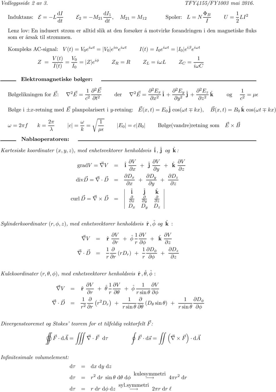 Elektromgnetiske bølger: Bølgelikningen for E: 2 E = c 2 2 E 2 der 2 E = 2 E x x 2 î + 2 E y y 2 ĵ + 2 E z z 2 ˆk og c 2 = µɛ Bølge i ±x-retning med E plnpolrisert i y-retning: E(x, t) = E 0 ĵ cos(ωt