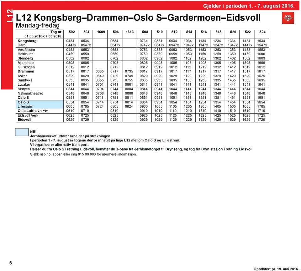 Steinberg 0502 0602 0702 0802 0902 1002 1102 1202 1302 1402 1502 1603 Mjøndalen 0505 0605 0705 0805 0905 1005 1105 1205 1305 1405 1505 1606 Gulskogen 0512 0612 0712 0812 0912 1012 1112 1212 1312 1412