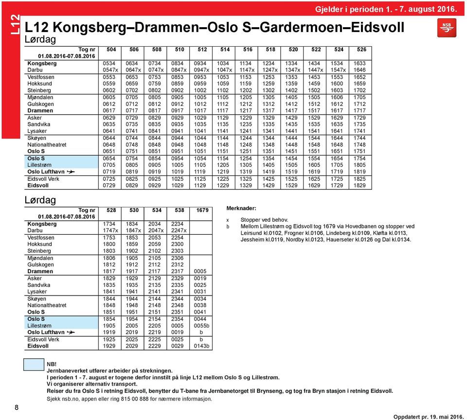 Steinberg 0602 0702 0802 0902 1002 1102 1202 1302 1402 1502 1603 1702 Mjøndalen 0605 0705 0805 0905 1005 1105 1205 1305 1405 1505 1606 1705 Gulskogen 0612 0712 0812 0912 1012 1112 1212 1312 1412 1512