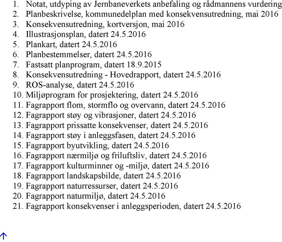 ROS-analyse, datert 24.5.2016 10. Miljøprogram for prosjektering, datert 24.5.2016 11. Fagrapport flom, stormflo og overvann, datert 24.5.2016 12. Fagrapport støy og vibrasjoner, datert 24.5.2016 13.