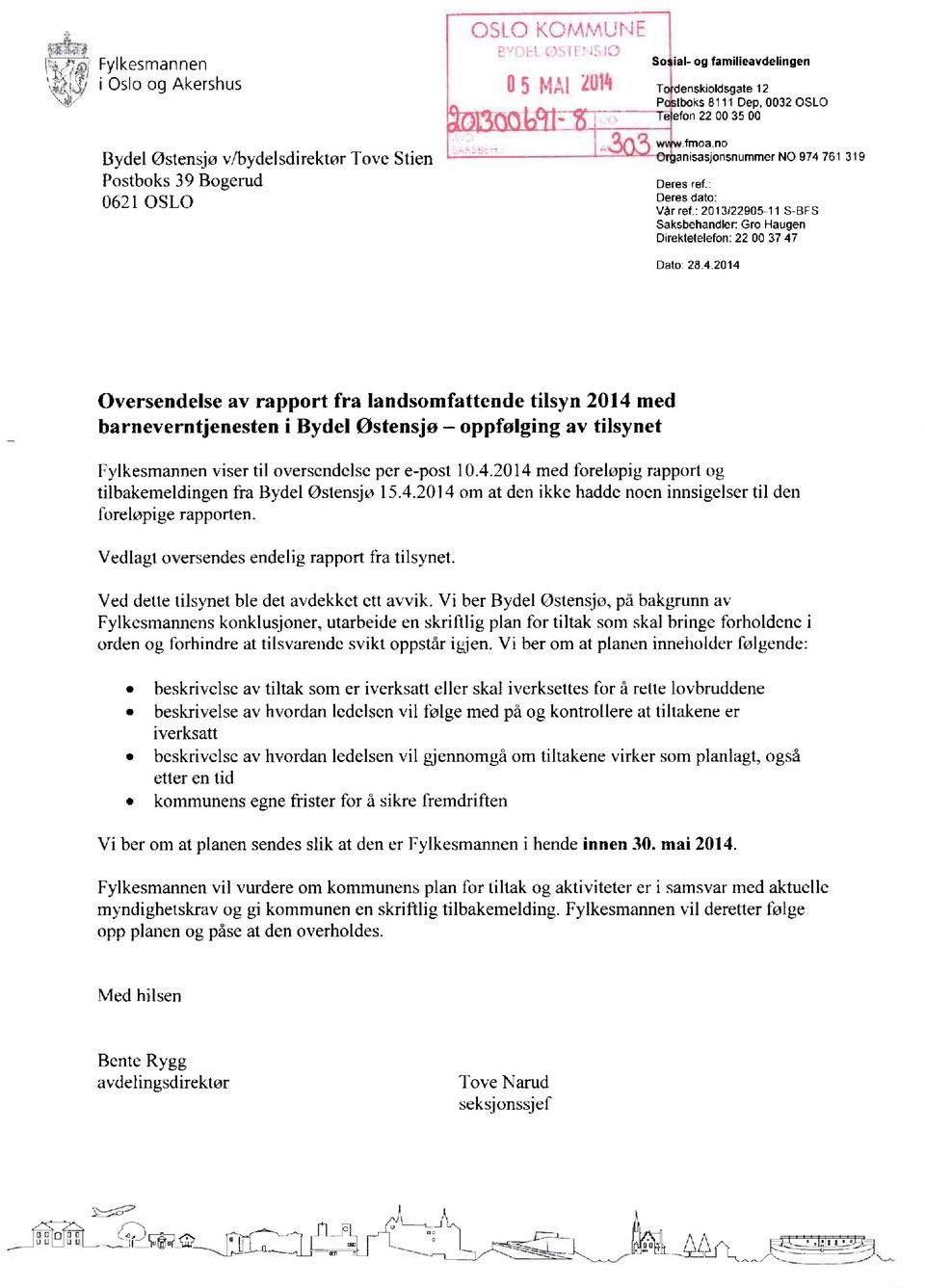 2014 Oversendelse av rapport fra landsomfattende tilsyn 2014 med barneverntjenesten i Bydel Østensjø oppfølging av tilsynet Fylkesmannen viser til oversendelse per e-post 10.4.2014 med foreløpig rapport og tilbakerneldingen fra Bydel Ostensjo 15.