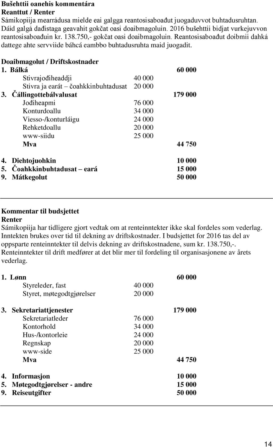 Doaibmagolut / Driftskostnader 1. Bálká 60 000 Stivrajođiheaddji 40 000 Stivra ja earát čoahkkinbuhtadusat 20 000 3.