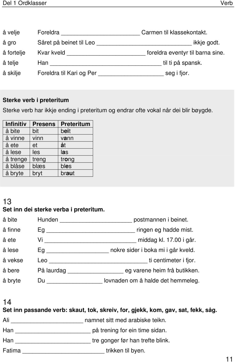 Infinitiv Presens Preteritum å bite bit beit å vinne vinn vann å ete et åt å lese les las å trenge treng trong å blåse blæs bles å bryte bryt braut 13 Set inn dei sterke verba i preteritum.