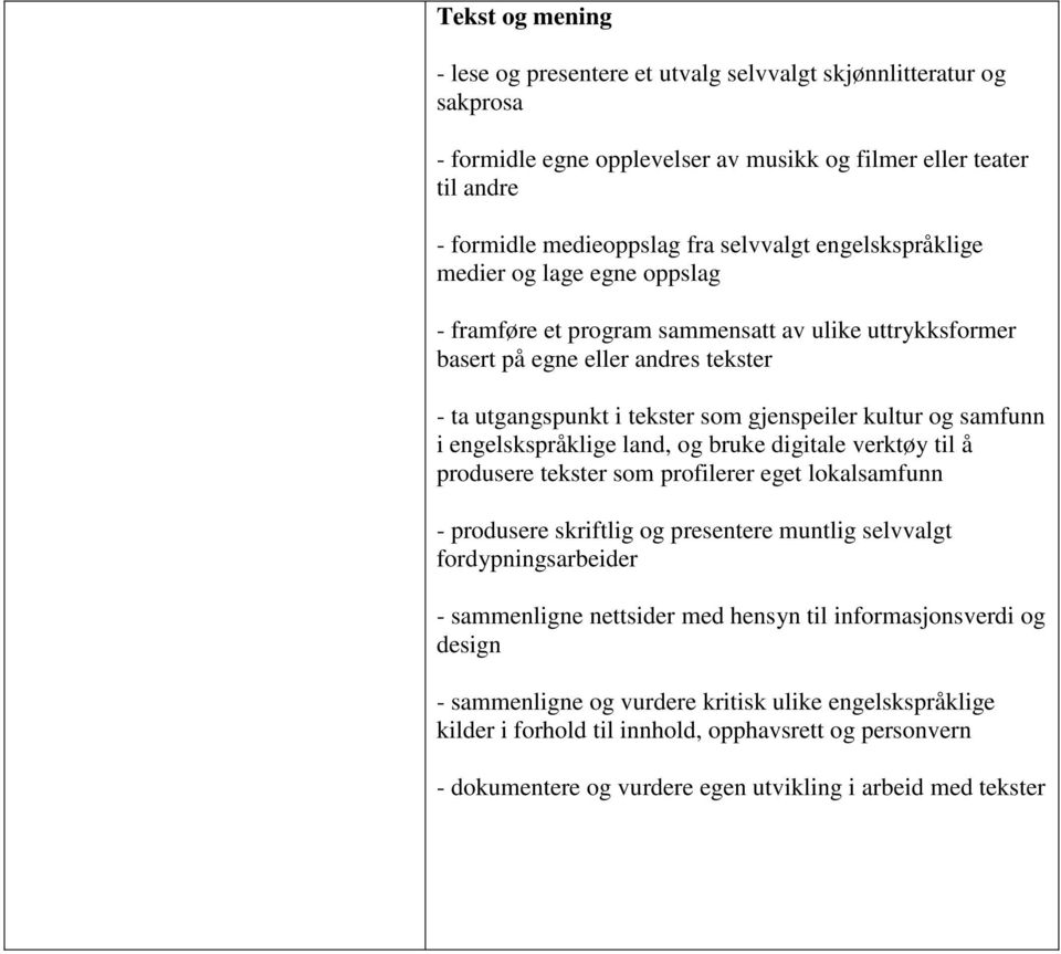 i engelskspråklige land, og bruke digitale verktøy til å produsere tekster som profilerer eget lokalsamfunn - produsere skriftlig og presentere muntlig selvvalgt fordypningsarbeider - sammenligne