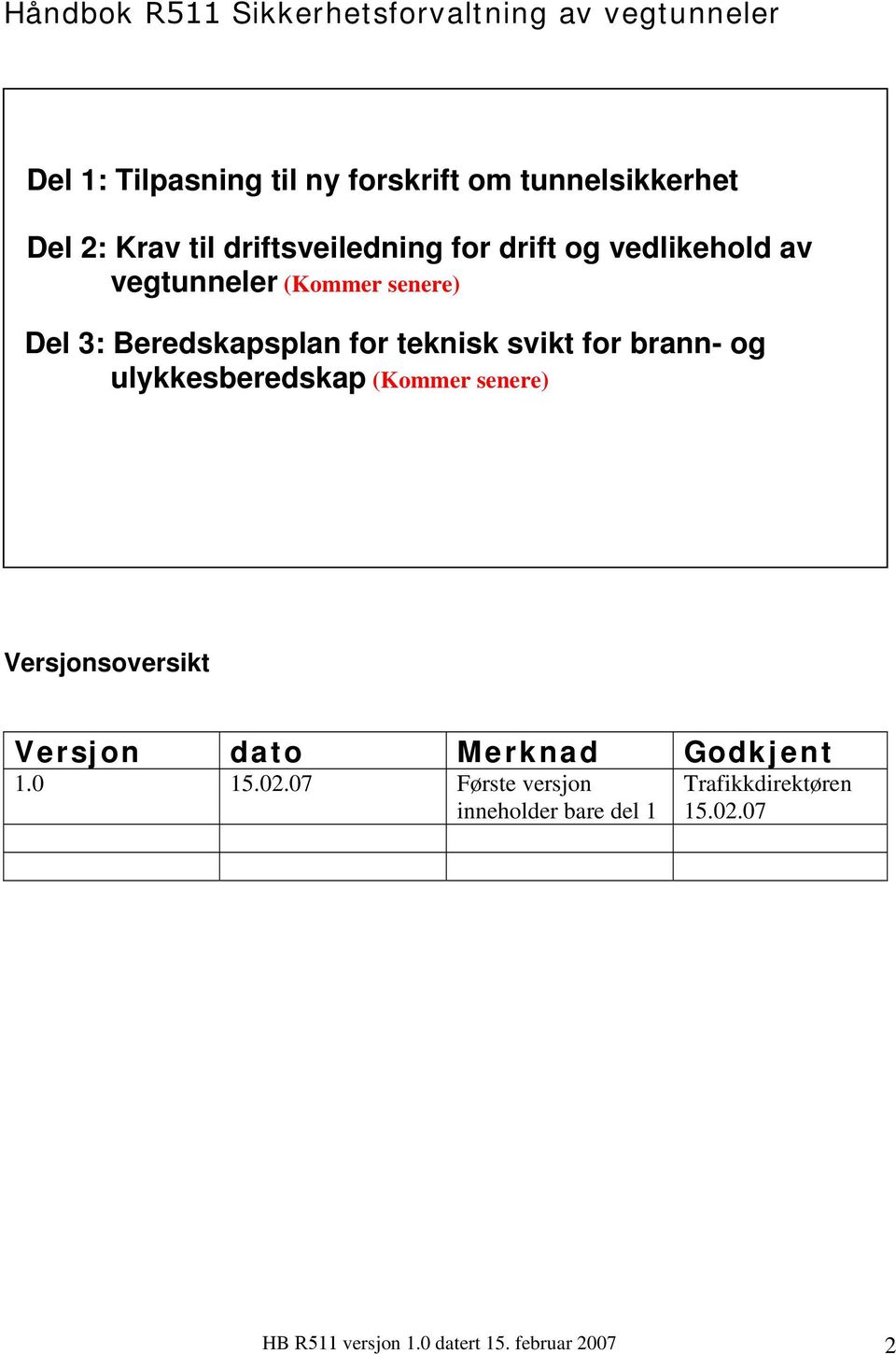 teknisk svikt for brann- og ulykkesberedskap (Kommer senere) Versjonsoversikt Versjon dato Merknad Godkjent 1.