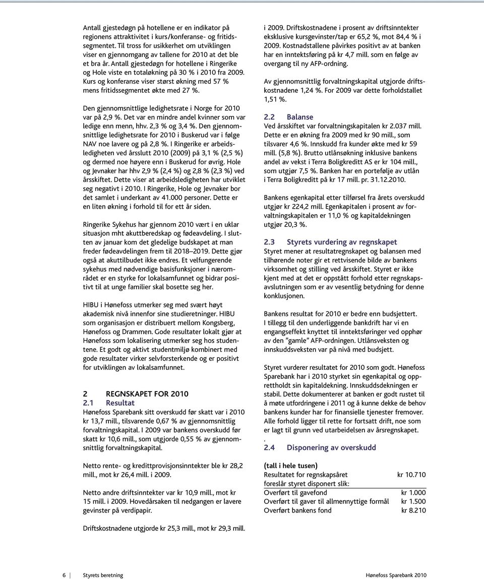 Kurs og konferanse viser størst økning med 57 % mens fritidssegmentet økte med 27 %. Den gjennomsnittlige ledighetsrate i Norge for 2010 var på 2,9 %.