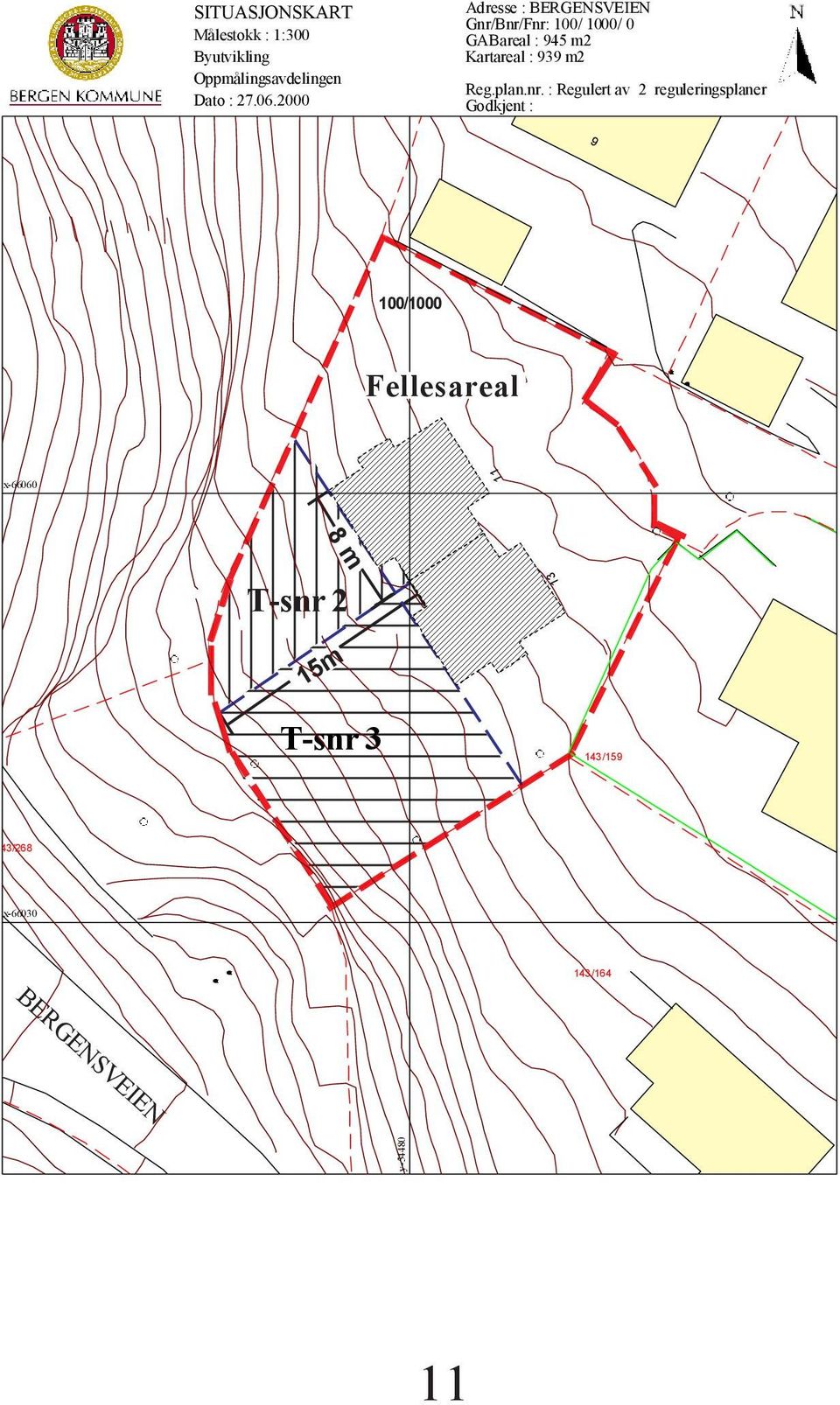 Bnr/Fnr: 100/ 1000/ 0 GABareal : 945 m2 Kartareal : 939 m2 Reg.plan.nr. : Regulert av 2 reguleringsplaner