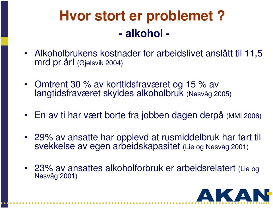 av ti har vært borte fra jobben dagen derpå (MMI 2006) 29% av ansatte har opplevd at rusmiddelbruk har ført til