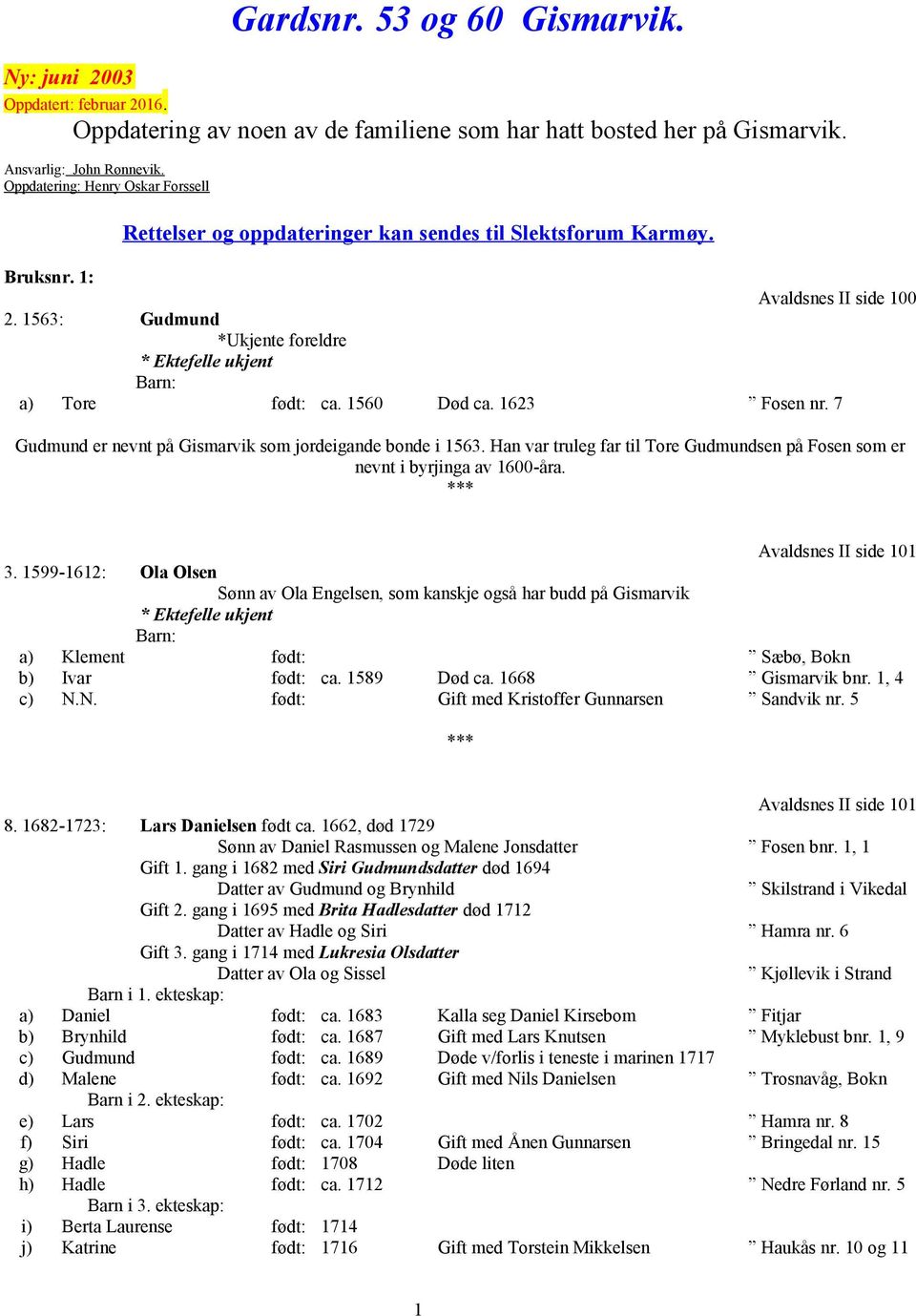 1563: Gudmund *Ukjente foreldre * Ektefelle ukjent a) Tore født: ca. 1560 Død ca. 1623 Fosen nr. 7 Gudmund er nevnt på Gismarvik som jordeigande bonde i 1563.