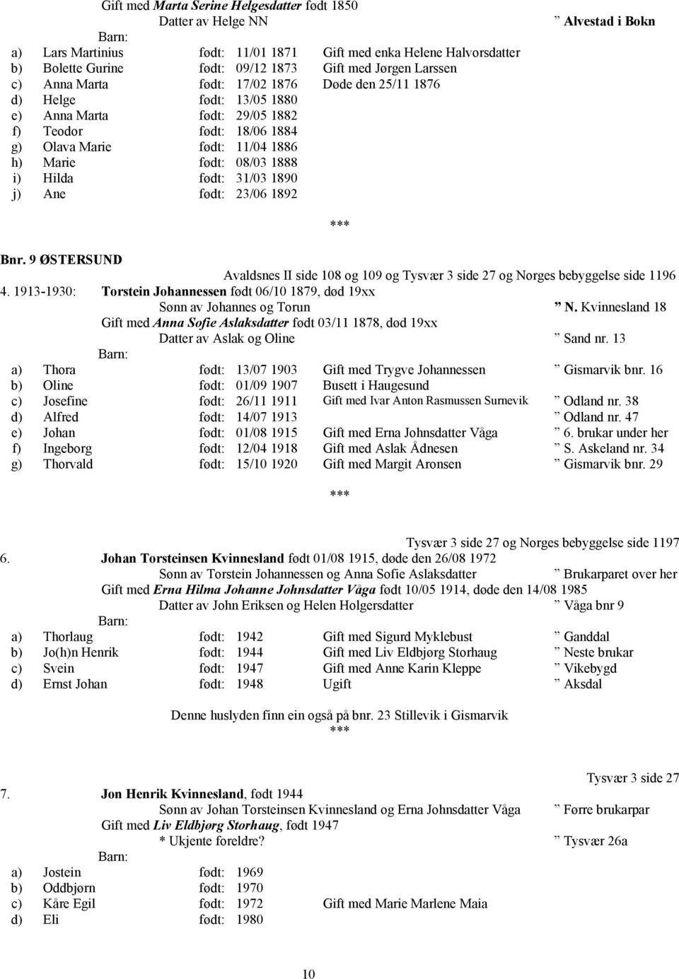 født: 31/03 1890 j) Ane født: 23/06 1892 Alvestad i Bokn Bnr. 9 ØSTERSUND Avaldsnes II side 108 og 109 og Tysvær 3 side 27 og Norges bebyggelse side 1196 4.