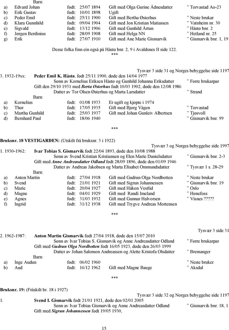 2 f) Jørgen Berdinius født: 28/09 1908 Gift med Helga NN Hetland nr. 25 g) Erik født: 27/07 1910 Gift med Ane Marie Gismarvik Gismarvik bnr. 1, 19 Desse folka finn ein også på Håstø bnr.