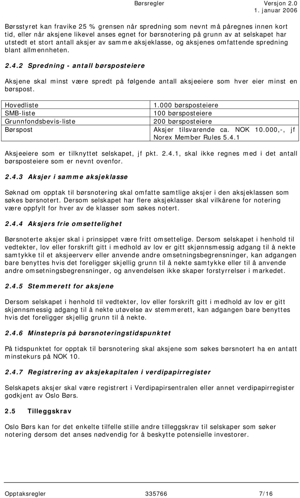 2 Spredning - antall børsposteiere Aksjene skal minst være spredt på følgende antall aksjeeiere som hver eier minst en børspost. Hovedliste SMB-liste Grunnfondsbevis-liste Børspost 1.