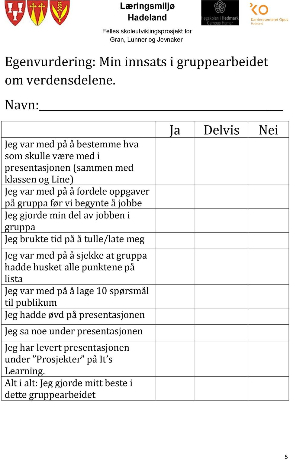 begynte å jobbe Jeg gjorde min del av jobben i gruppa Jeg brukte tid på å tulle/late meg Jeg var med på å sjekke at gruppa hadde husket alle punktene på