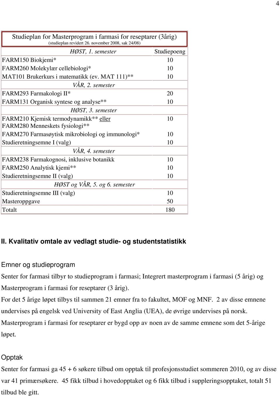 semester FARM293 Farmakologi II* 20 FARM131 Organisk syntese og analyse** 10 HØST, 3.