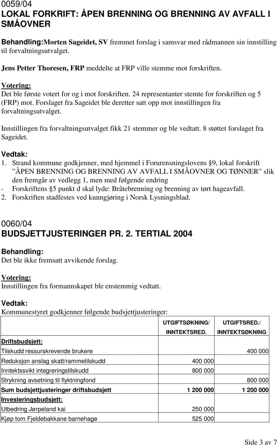 Forslaget fra Sageidet ble deretter satt opp mot innstillingen fra forvaltningsutvalget. Innstillingen fra forvaltningsutvalget fikk 21 stemmer og ble vedtatt. 8 støttet forslaget fra Sageidet. 1.