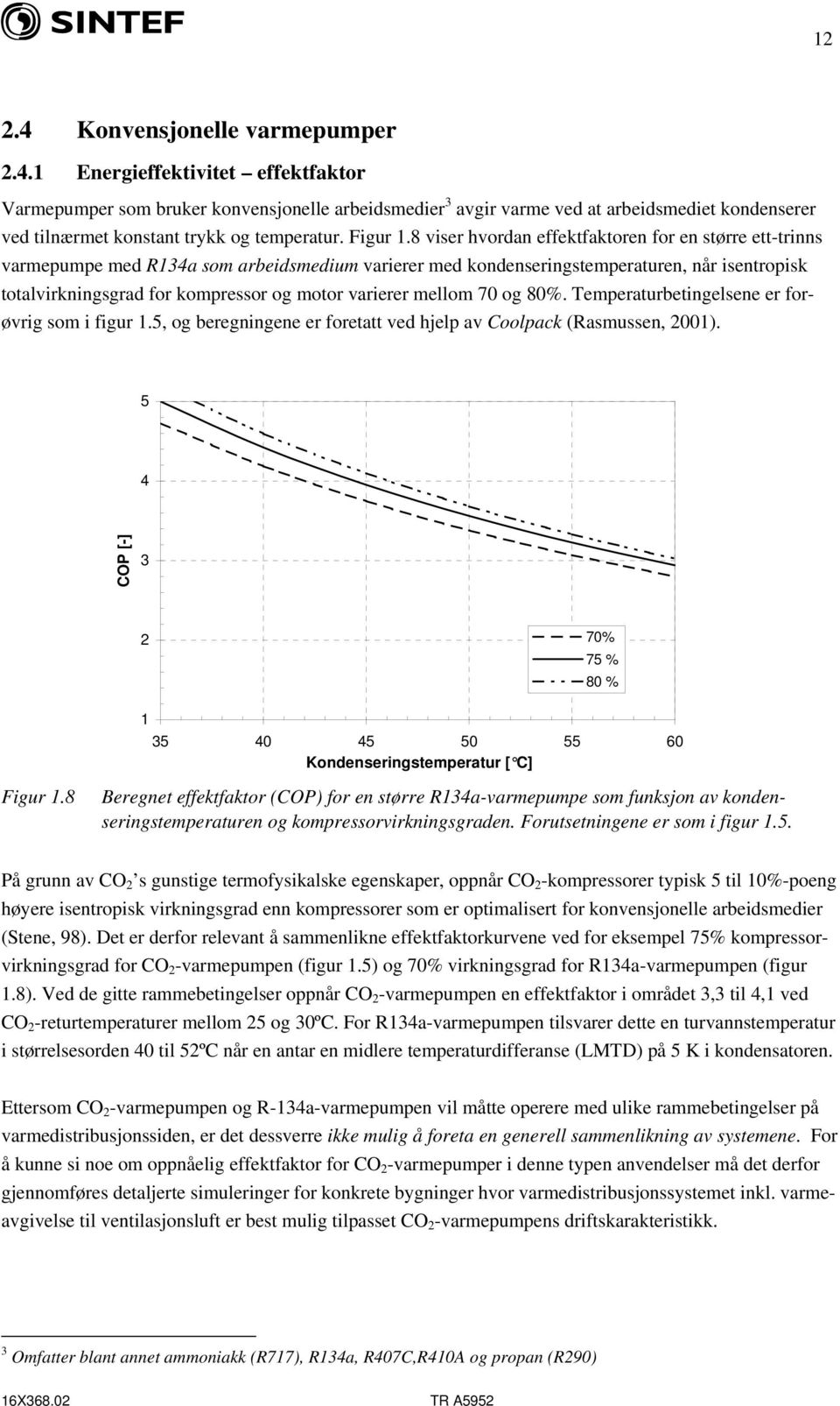 8 viser hvordan effektfaktoren for en større ett-trinns varmepumpe med R134a som arbeidsmedium varierer med kondenseringstemperaturen, når isentropisk totalvirkningsgrad for kompressor og motor