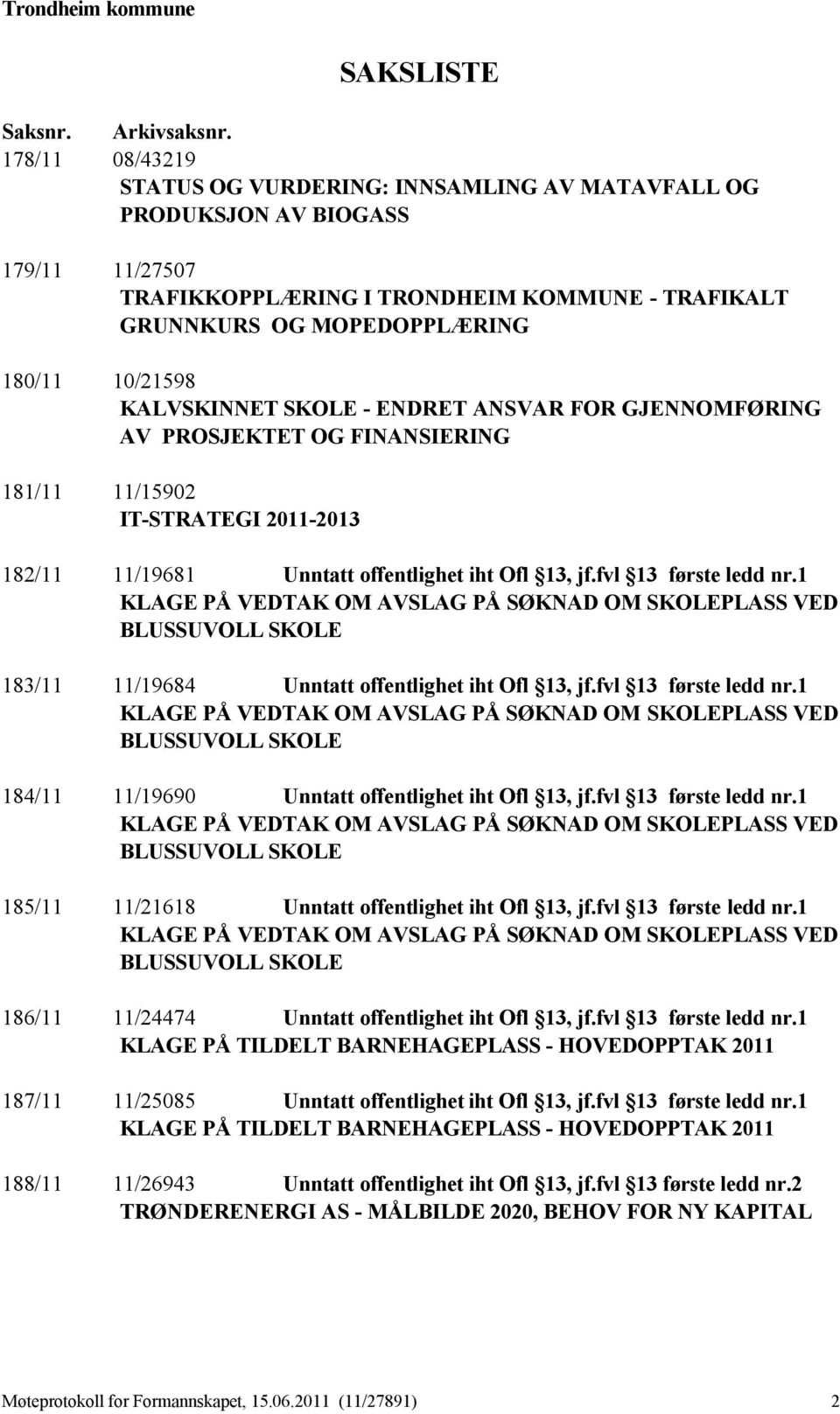 180/11 10/21598 KALVSKINNET SKOLE - ENDRET ANSVAR FOR GJENNOMFØRING AV PROSJEKTET OG FINANSIERING 181/11 11/15902 IT-STRATEGI 2011-2013 182/11 11/19681 183/11 11/19684 184/11