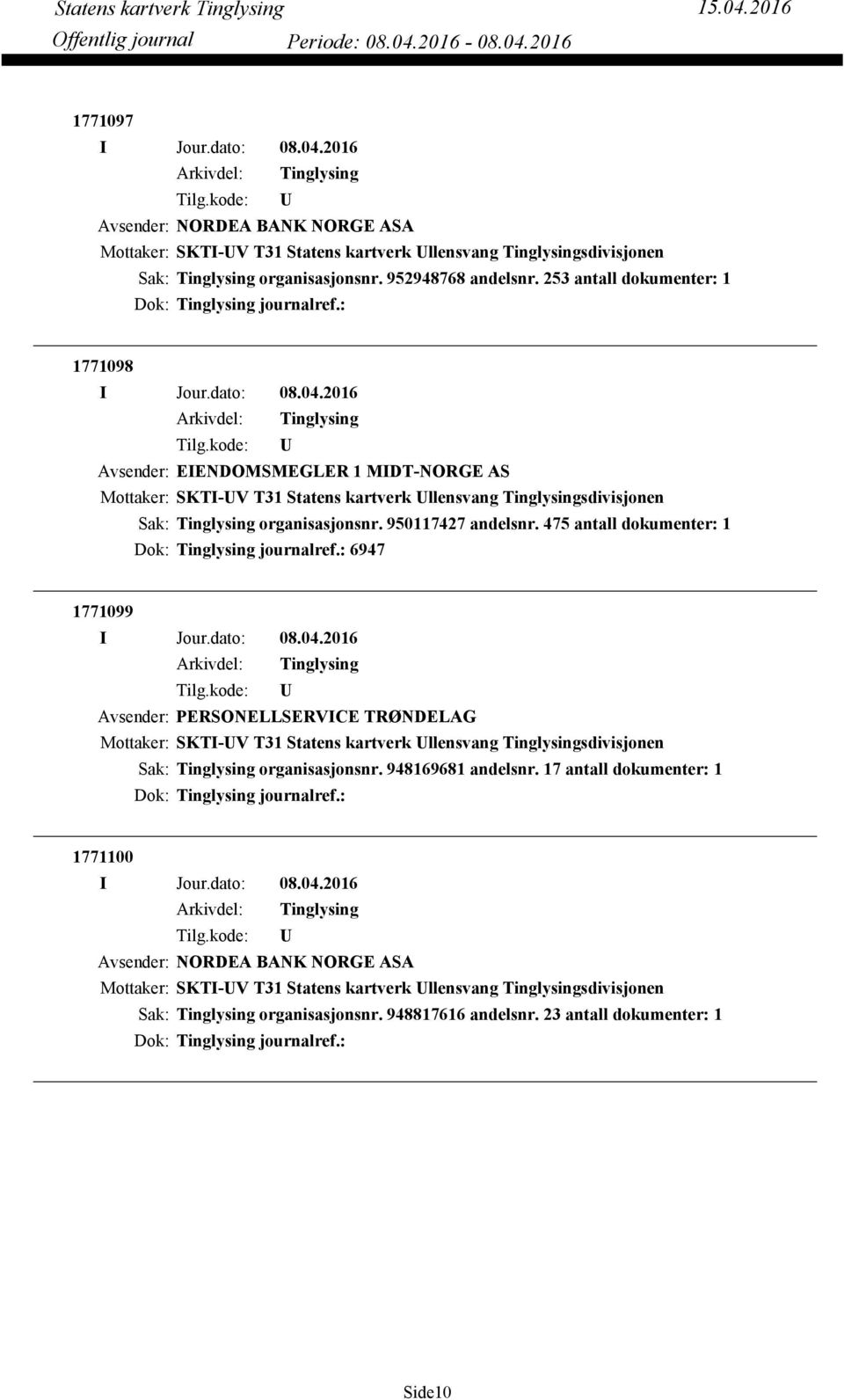 475 antall dokumenter: 1 Dok: journalref.: 6947 1771099 Avsender: PERSONELLSERVICE TRØNDELAG Mottaker: SKTI-V T31 Statens kartverk llensvang sdivisjonen organisasjonsnr. 948169681 andelsnr.