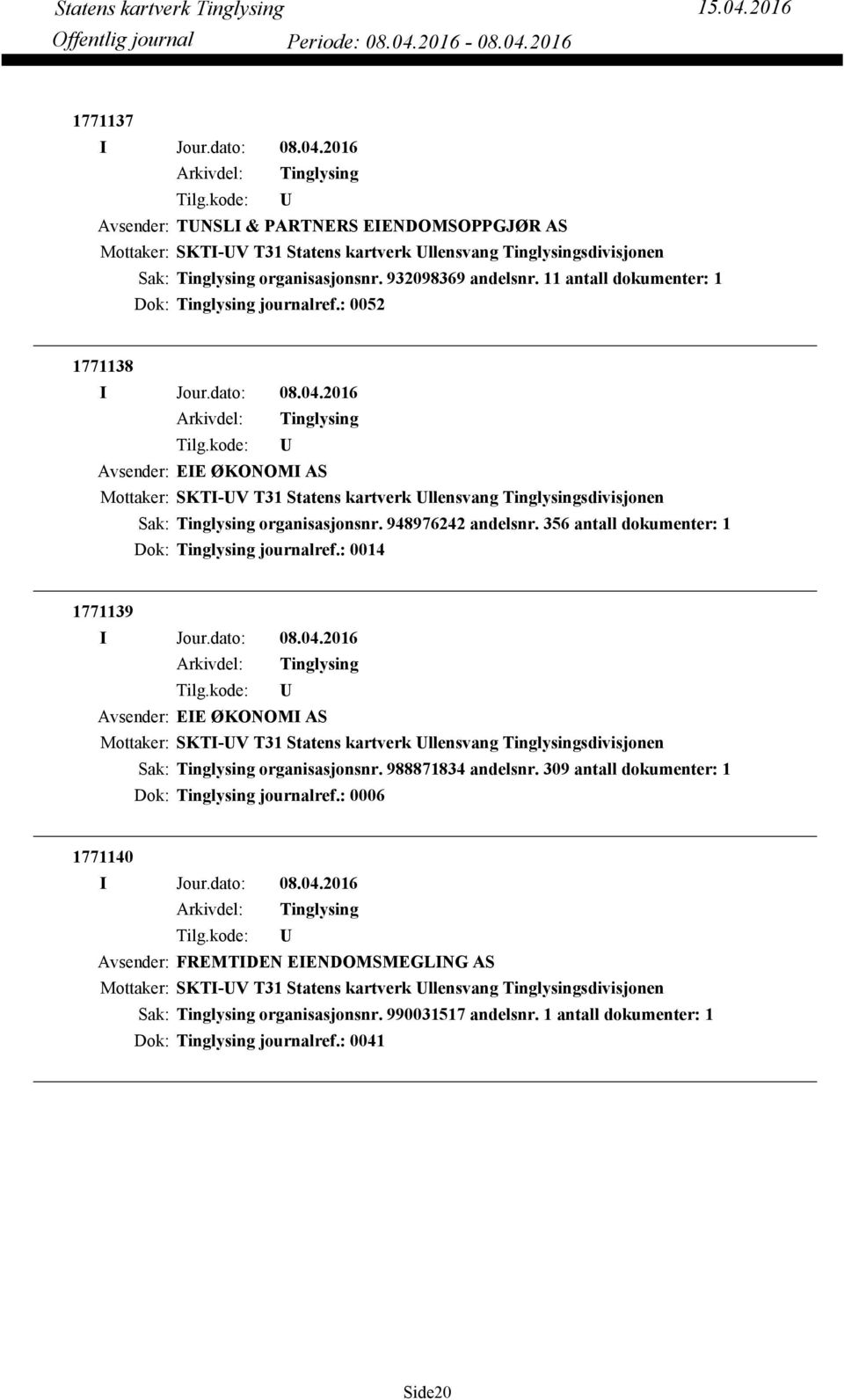 356 antall dokumenter: 1 Dok: journalref.: 0014 1771139 Avsender: EIE ØKONOMI AS Mottaker: SKTI-V T31 Statens kartverk llensvang sdivisjonen organisasjonsnr. 988871834 andelsnr.