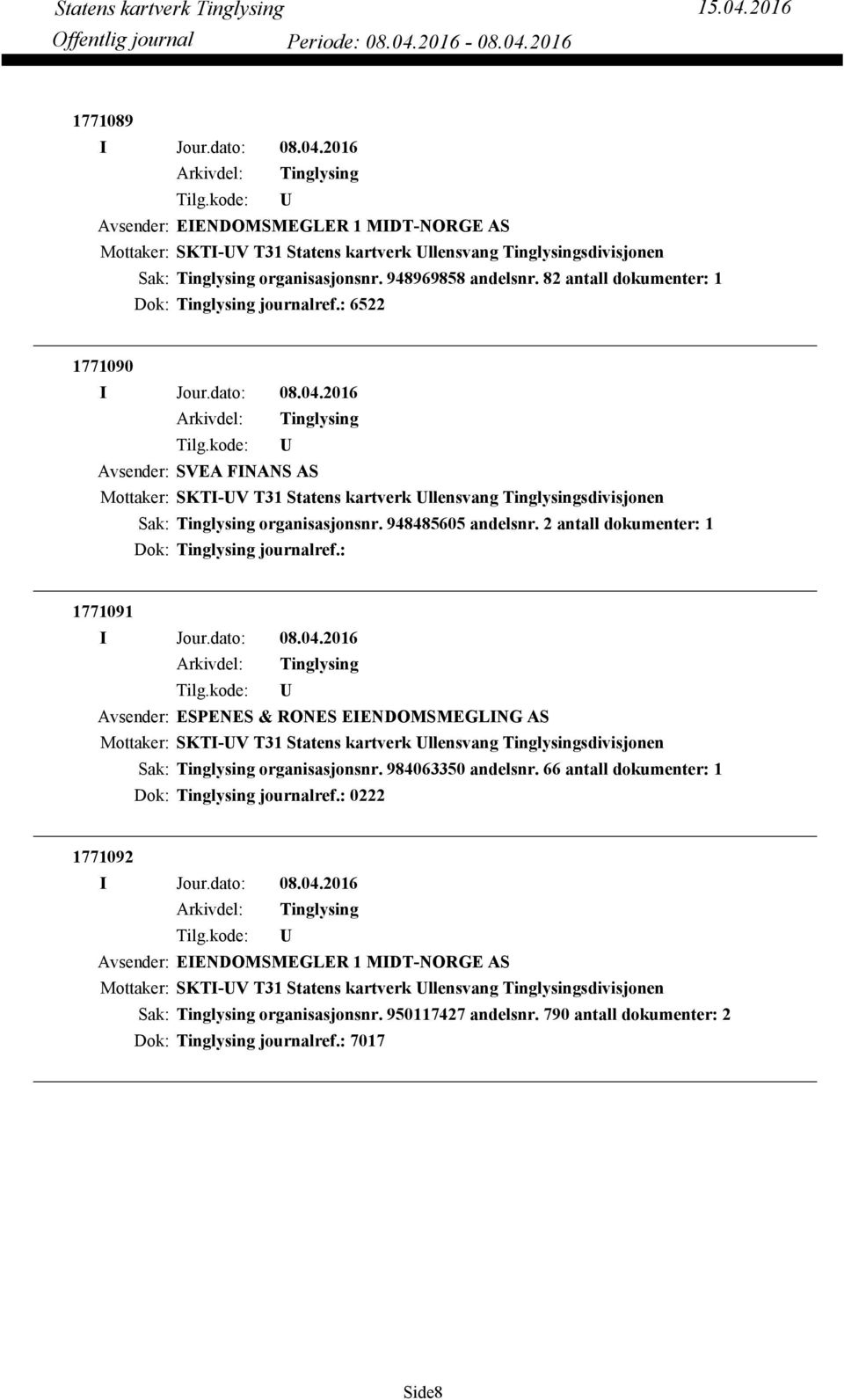 2 antall dokumenter: 1 Dok: journalref.: 1771091 Avsender: ESPENES & RONES EIENDOMSMEGLING AS Mottaker: SKTI-V T31 Statens kartverk llensvang sdivisjonen organisasjonsnr. 984063350 andelsnr.