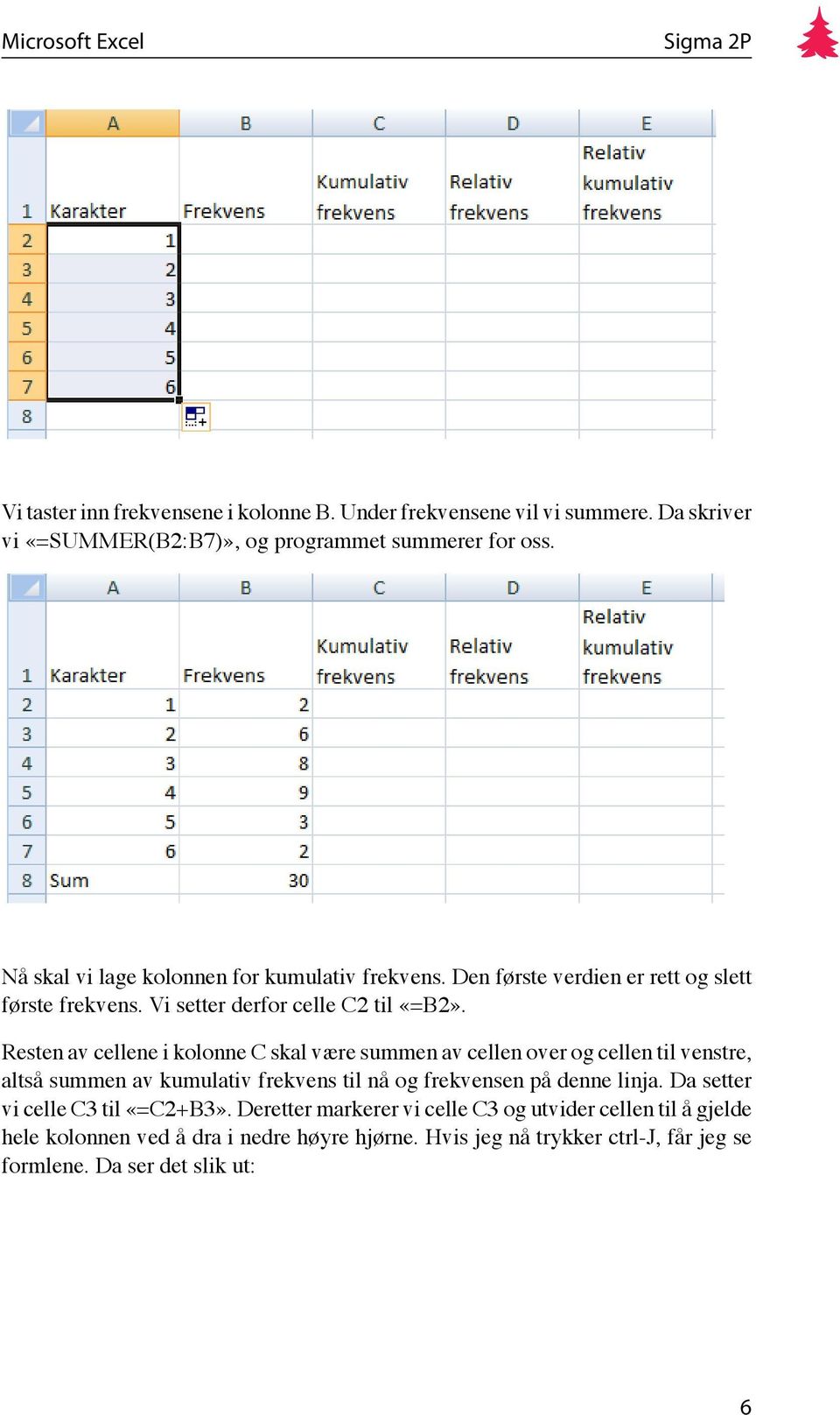 Resten av cellene i kolonne C skal være summen av cellen over og cellen til venstre, altså summen av kumulativ frekvens til nå og frekvensen på denne linja.