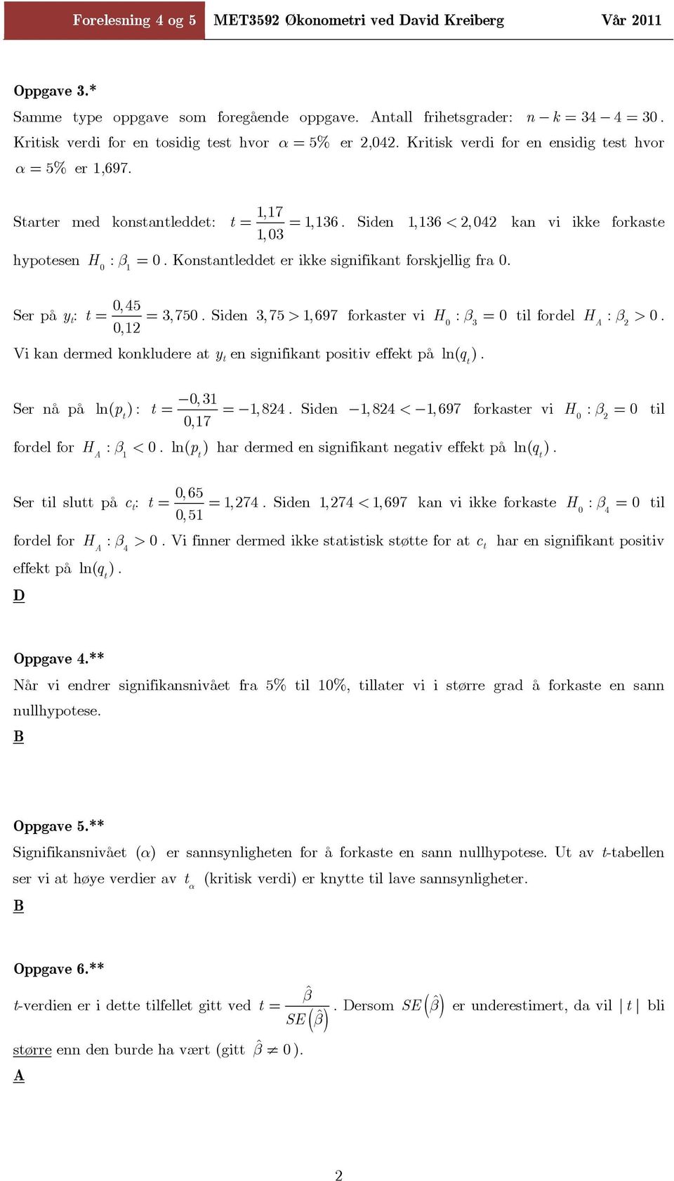 Sden,75 > 1,697 forkaster v H : β = tl fordel H : β >.,1 V kan dermed konkludere at y t en sgnfkant postv effekt på ln(. Ser nå på ln( p t :, 1 t = = 1, 8.