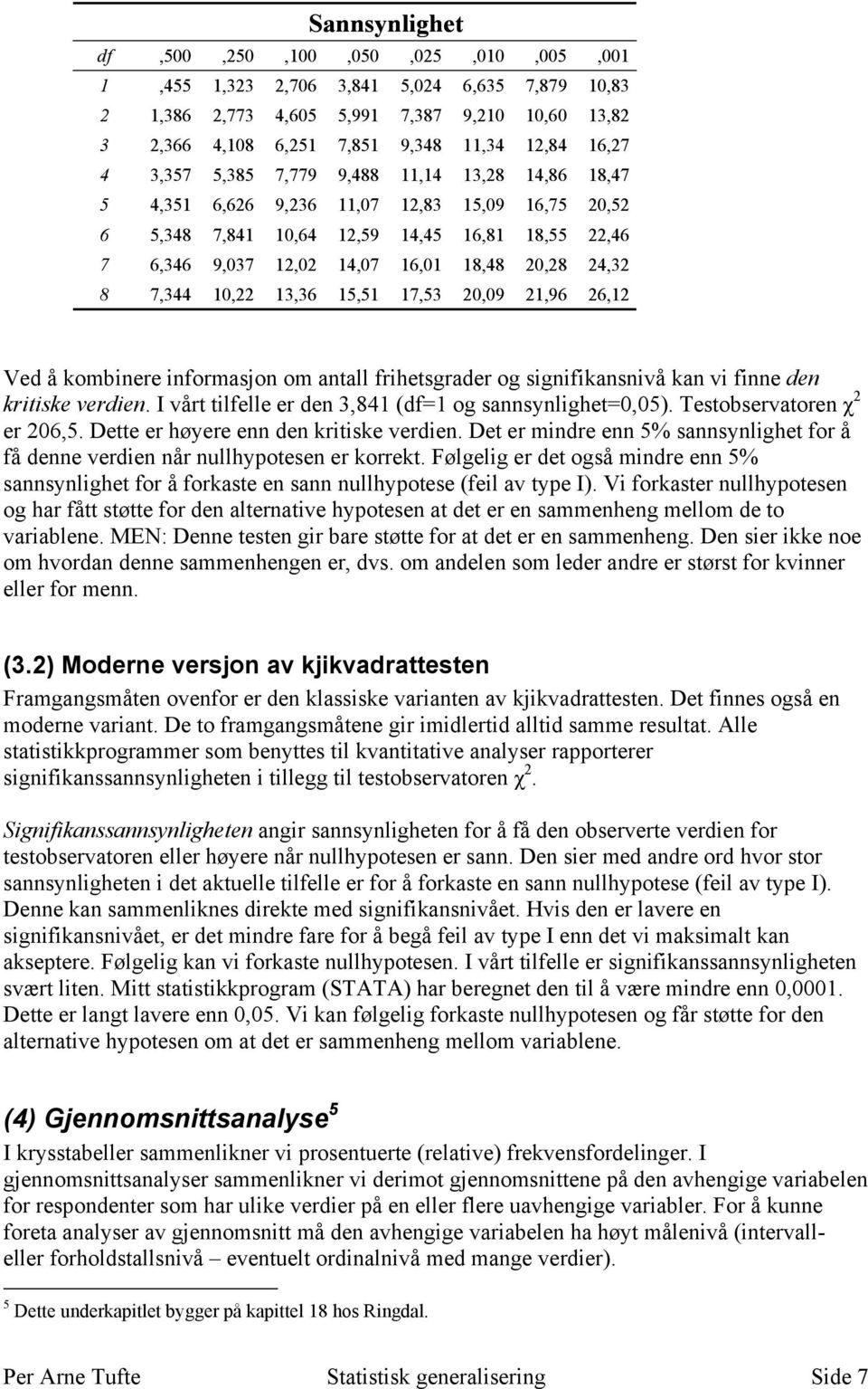 7,344 10,22 13,36 15,51 17,53 20,09 21,96 26,12 Ved å kombinere informasjon om antall frihetsgrader og signifikansnivå kan vi finne den kritiske verdien.