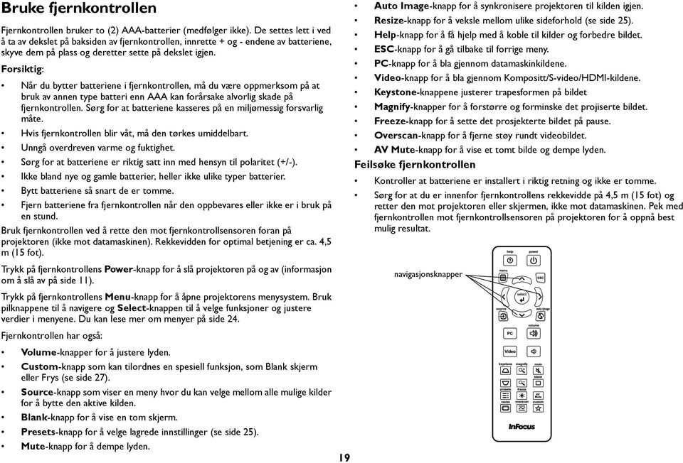 Forsiktig: Når du bytter batteriene i fjernkontrollen, må du være oppmerksom på at bruk av annen type batteri enn AAA kan forårsake alvorlig skade på fjernkontrollen.