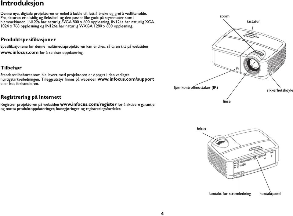 zoom tastatur Produktspesifikasjoner Spesifikasjonene for denne multimediaprojektoren kan endres, så ta en titt på websiden www.infocus.com for å se siste oppdatering.