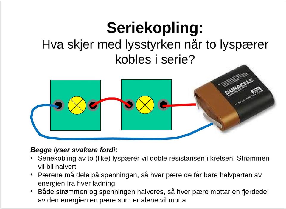 Strømmen vil bli halvert Pærene må dele på spenningen, så hver pære de får bare halvparten av