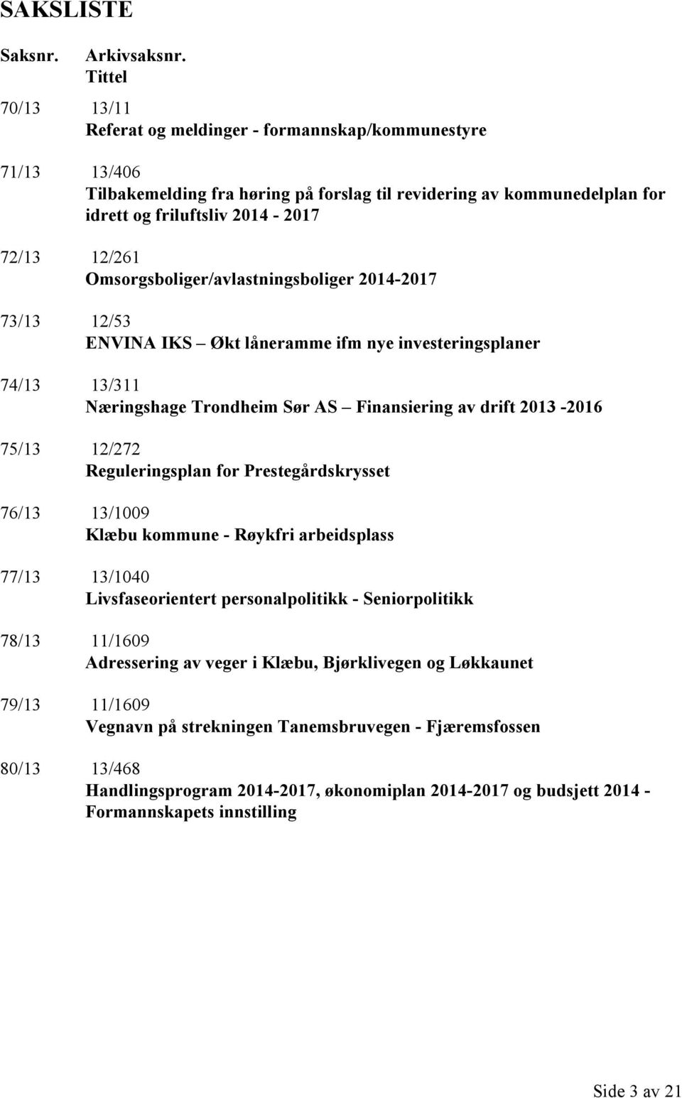 Omsorgsboliger/avlastningsboliger 2014-2017 73/13 12/53 ENVINA IKS Økt låneramme ifm nye investeringsplaner 74/13 13/311 Næringshage Trondheim Sør AS Finansiering av drift 2013-2016 75/13 12/272