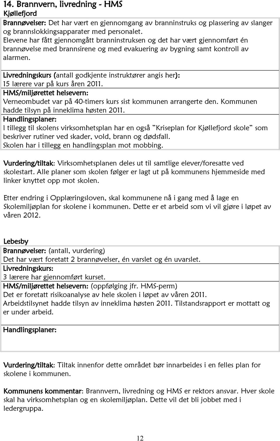 Livredningskurs (antall godkjente instruktører angis her): 15 lærere var på kurs åren 2011. HMS/miljørettet helsevern: Verneombudet var på 40-timers kurs sist kommunen arrangerte den.