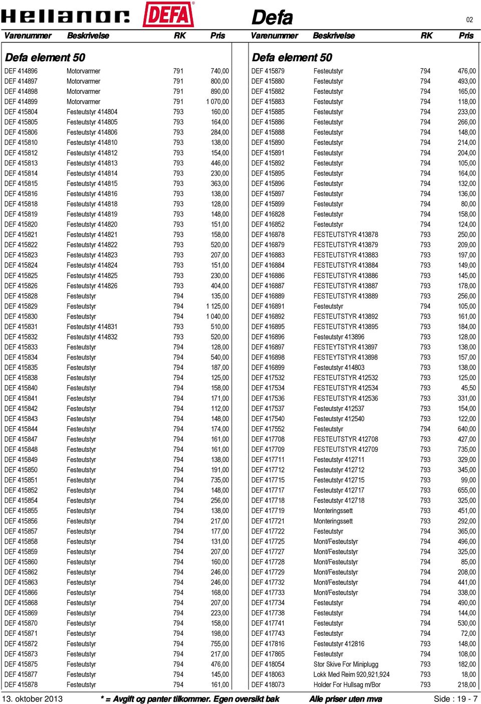 415814 Festeutstyr 414814 793 230,00 DEF 415815 Festeutstyr 414815 793 363,00 DEF 415816 Festeutstyr 414816 793 138,00 DEF 415818 Festeutstyr 414818 793 128,00 DEF 415819 Festeutstyr 414819 793