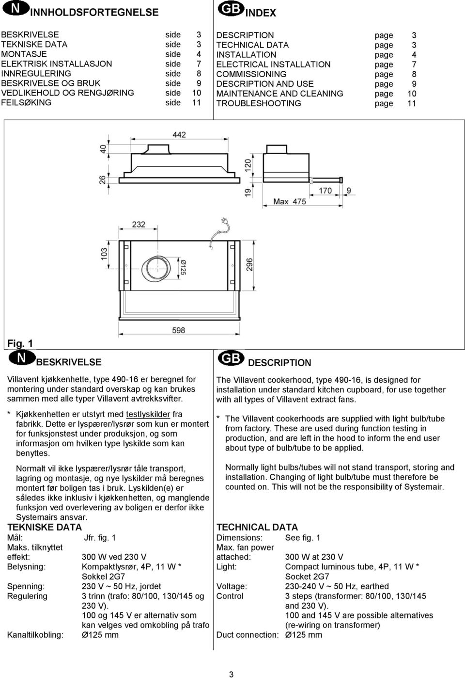 TROUBLESHOOTING page 11 Fig. 1 BESKRIVELSE Villavent kjøkkenhette, type 490-16 er beregnet for montering under standard overskap og kan brukes sammen med alle typer Villavent avtrekksvifter.