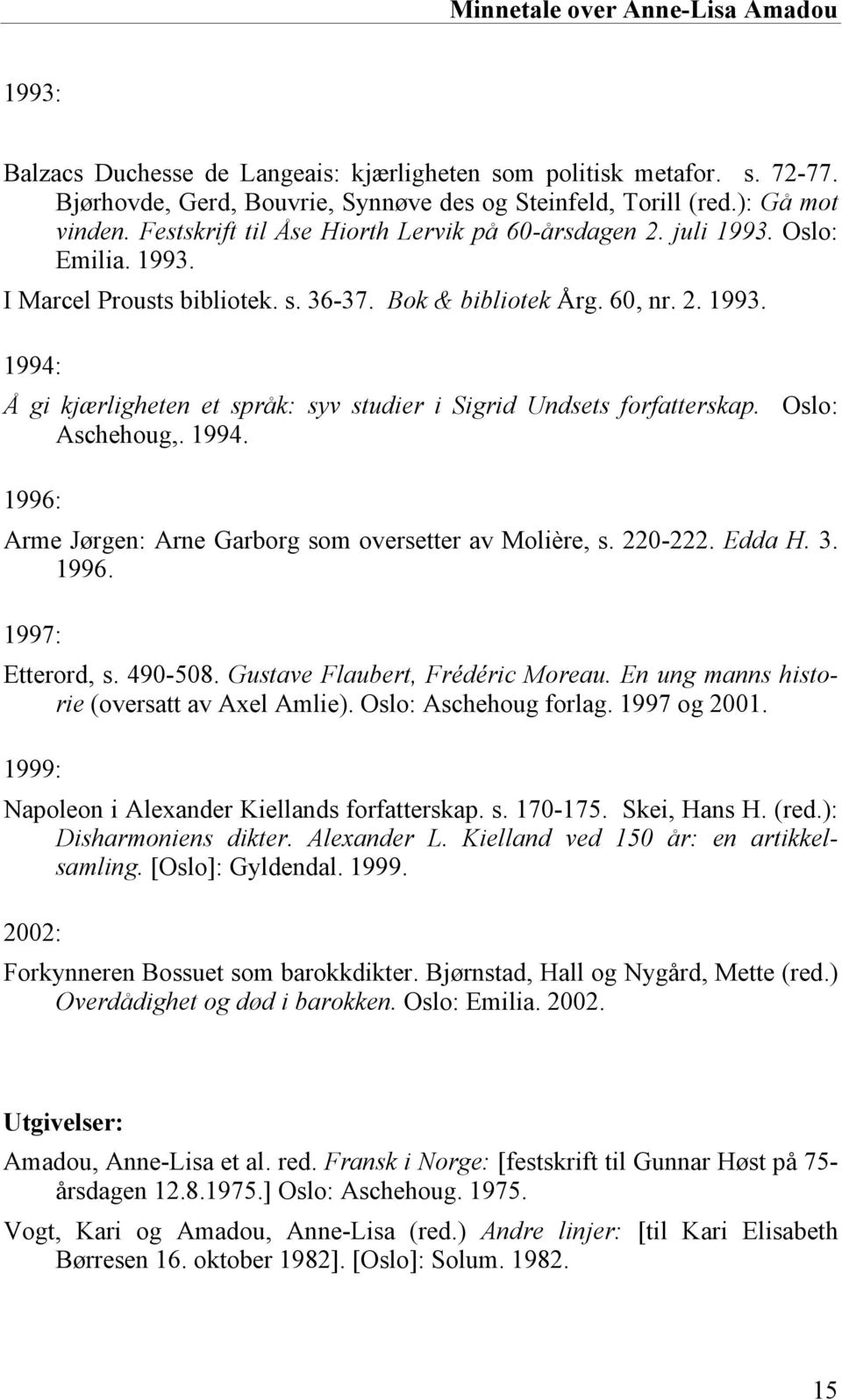 Oslo: Aschehoug,. 1994. 1996: Arme Jørgen: Arne Garborg som oversetter av Molière, s. 220-222. Edda H. 3. 1996. 1997: Etterord, s. 490-508. Gustave Flaubert, Frédéric Moreau.