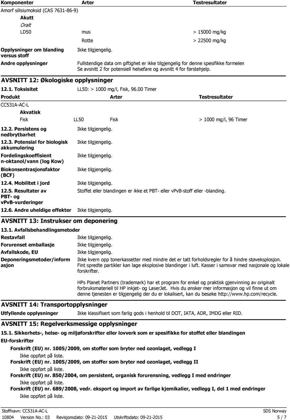 00 Timer Produkt Arter Testresultater CC531AACL Akvatisk Fisk LL50 Fisk > 1000 mg/l, 96 Timer 12.2. Persistens og nedbrytbarhet 12.3. Potensial for biologisk akkumulering Fordelingskoeffisient noktanol/vann (log Kow) Biokonsentrasjonsfaktor (BCF) 12.
