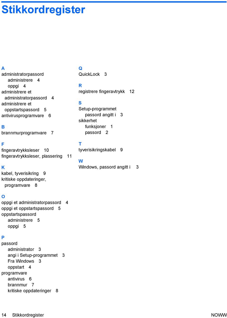 Setup-programmet passord angitt i 3 sikkerhet funksjoner 1 passord 2 T tyverisikringskabel 9 W Windows, passord angitt i 3 O oppgi et administratorpassord 4 oppgi et oppstartspassord 5