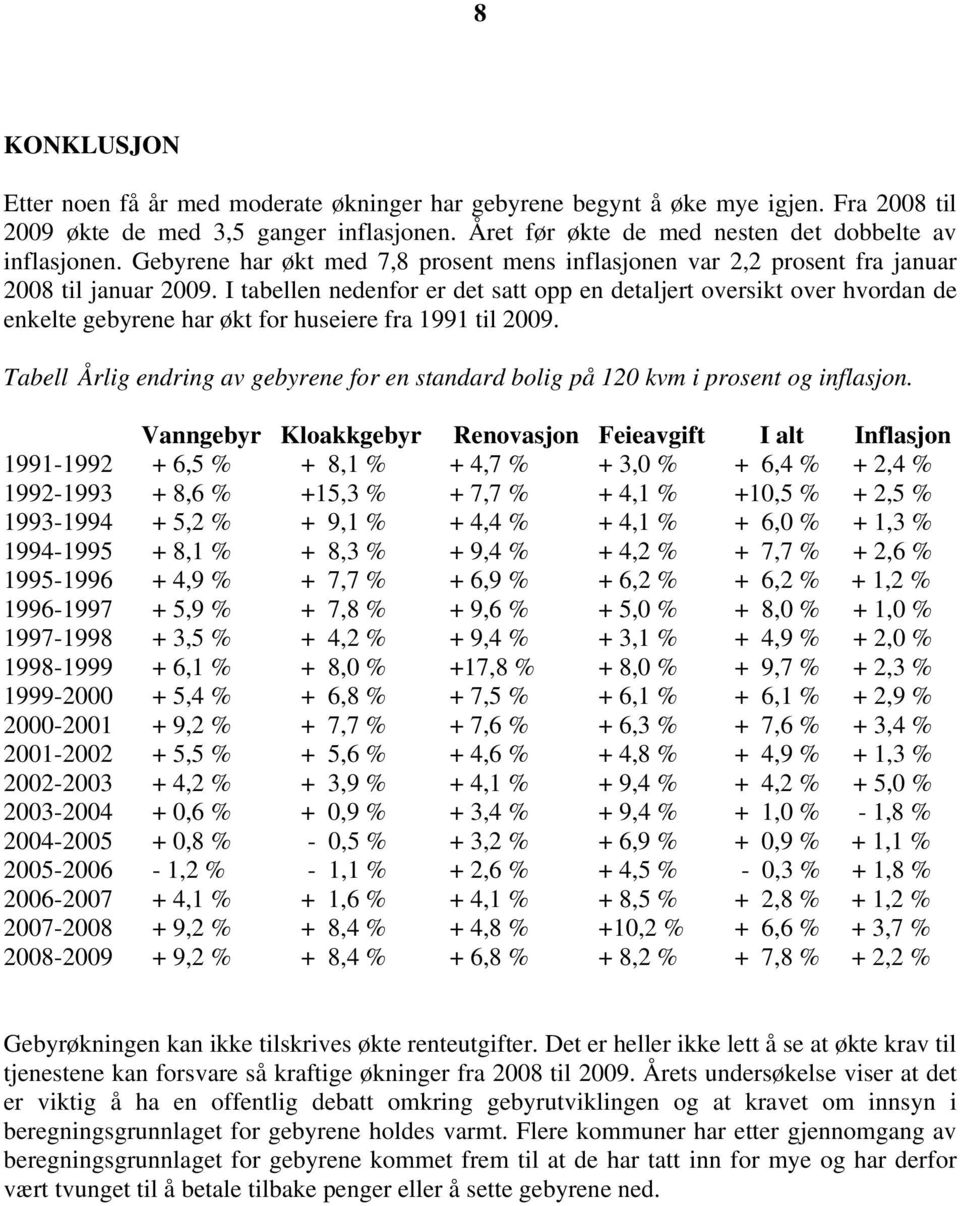 I tabellen nedenfor er det satt opp en detaljert oversikt over hvordan de enkelte gebyrene har økt for huseiere fra 1991 til 2009.