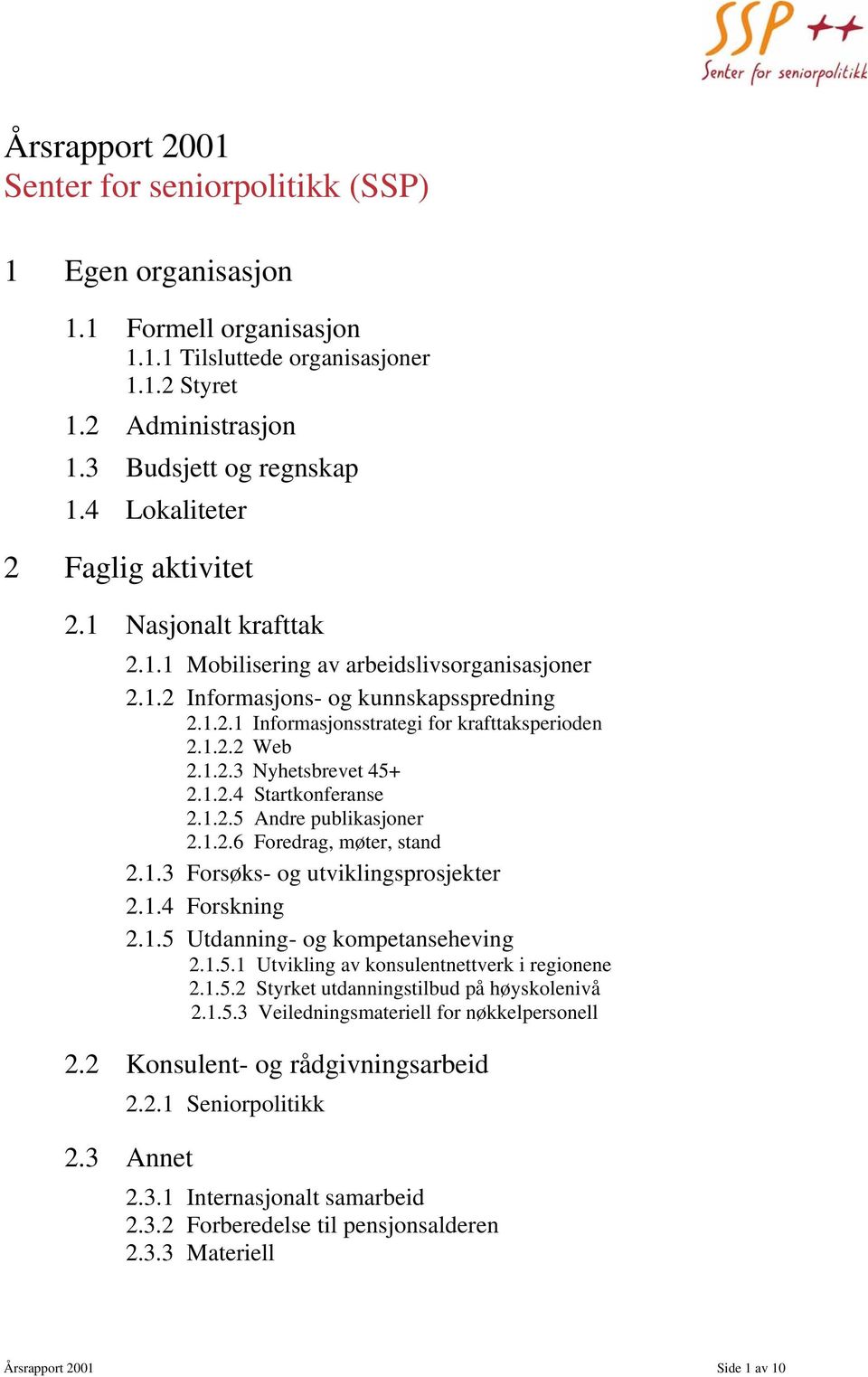 1.2.2 Web 2.1.2.3 Nyhetsbrevet 45+ 2.1.2.4 Startkonferanse 2.1.2.5 Andre publikasjoner 2.1.2.6 Foredrag, møter, stand 2.1.3 Forsøks- og utviklingsprosjekter 2.1.4 Forskning 2.1.5 Utdanning- og kompetanseheving 2.