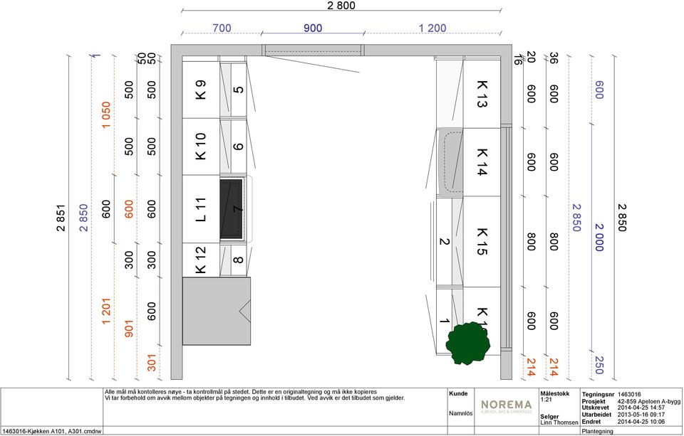 600 214 K 13 OM K 14 K 15 K 16 3 2 1 1463016-Kjøkken A101, A301.