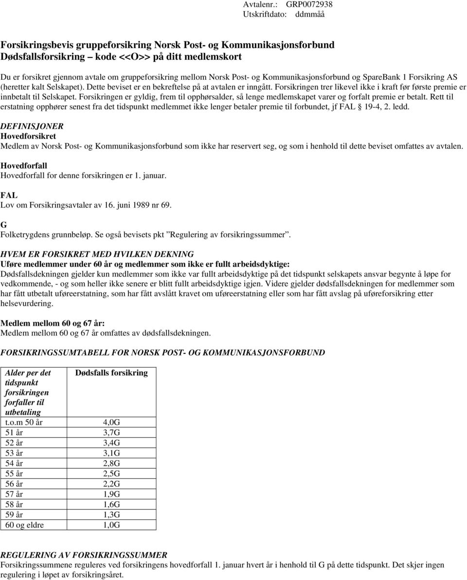 gruppeforsikring mellom Norsk Post- og Kommunikasjonsforbund og SpareBank 1 Forsikring AS (heretter kalt Selskapet). Dette beviset er en bekreftelse på at avtalen er inngått.