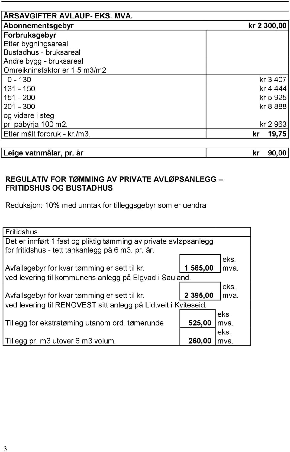 8 888 og vidare i steg pr. påbyrja 100 m2. kr 2 963 Etter målt forbruk - kr./m3. kr 19,75 Leige vatnmålar, pr.