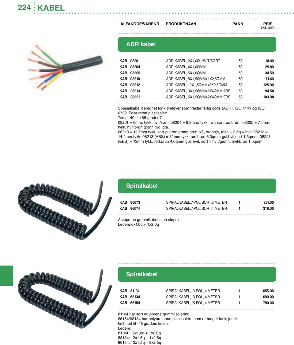 00 Spesialkabel beregnet for kjپ0 3retپ0 3yer som frakter farlig gods (ADR). ISO 4141 og ISO 6722. Polyuretan plastisolert. Temp:-40 til +85 grader C. 08201 = 6mm, tykk, hvit/sort.