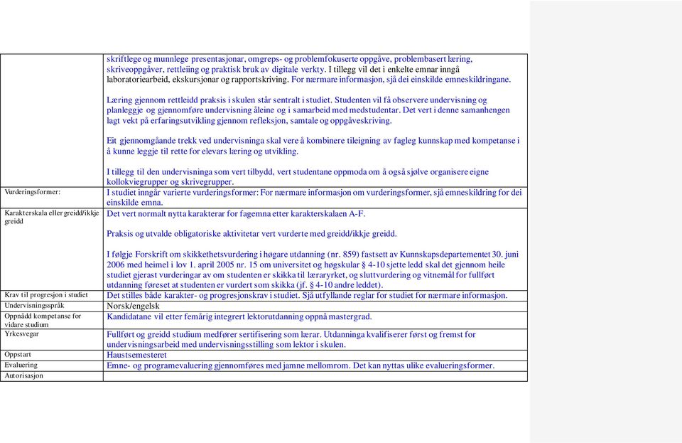 Læring gjennom rettleidd praksis i skulen står sentralt i studiet. Studenten vil få observere undervisning og planleggje og gjennomføre undervisning åleine og i samarbeid med medstudentar.