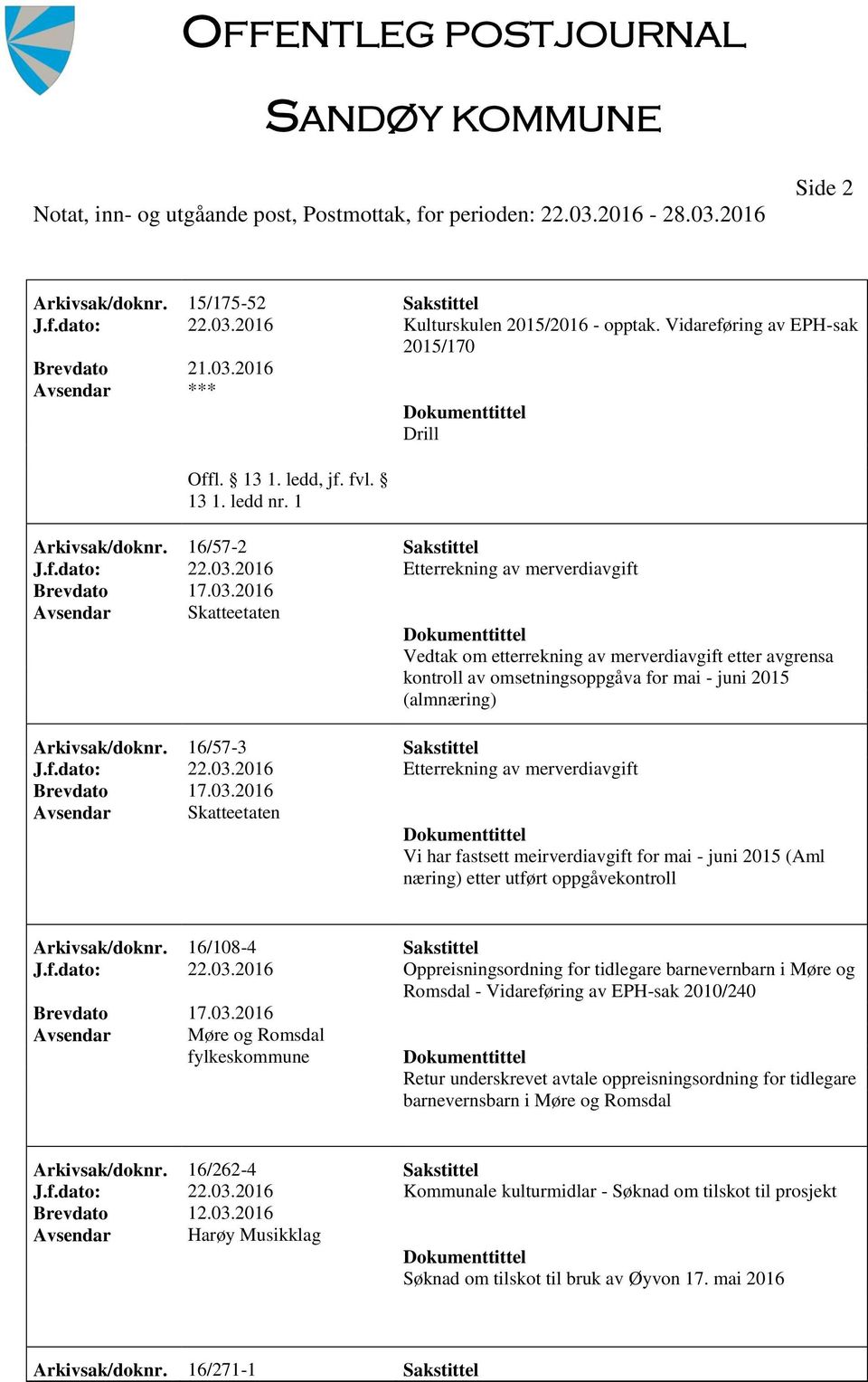 2016 Etterrekning av merverdiavgift Skatteetaten Vedtak om etterrekning av merverdiavgift etter avgrensa kontroll av omsetningsoppgåva for mai - juni 2015 (almnæring) Arkivsak/doknr.