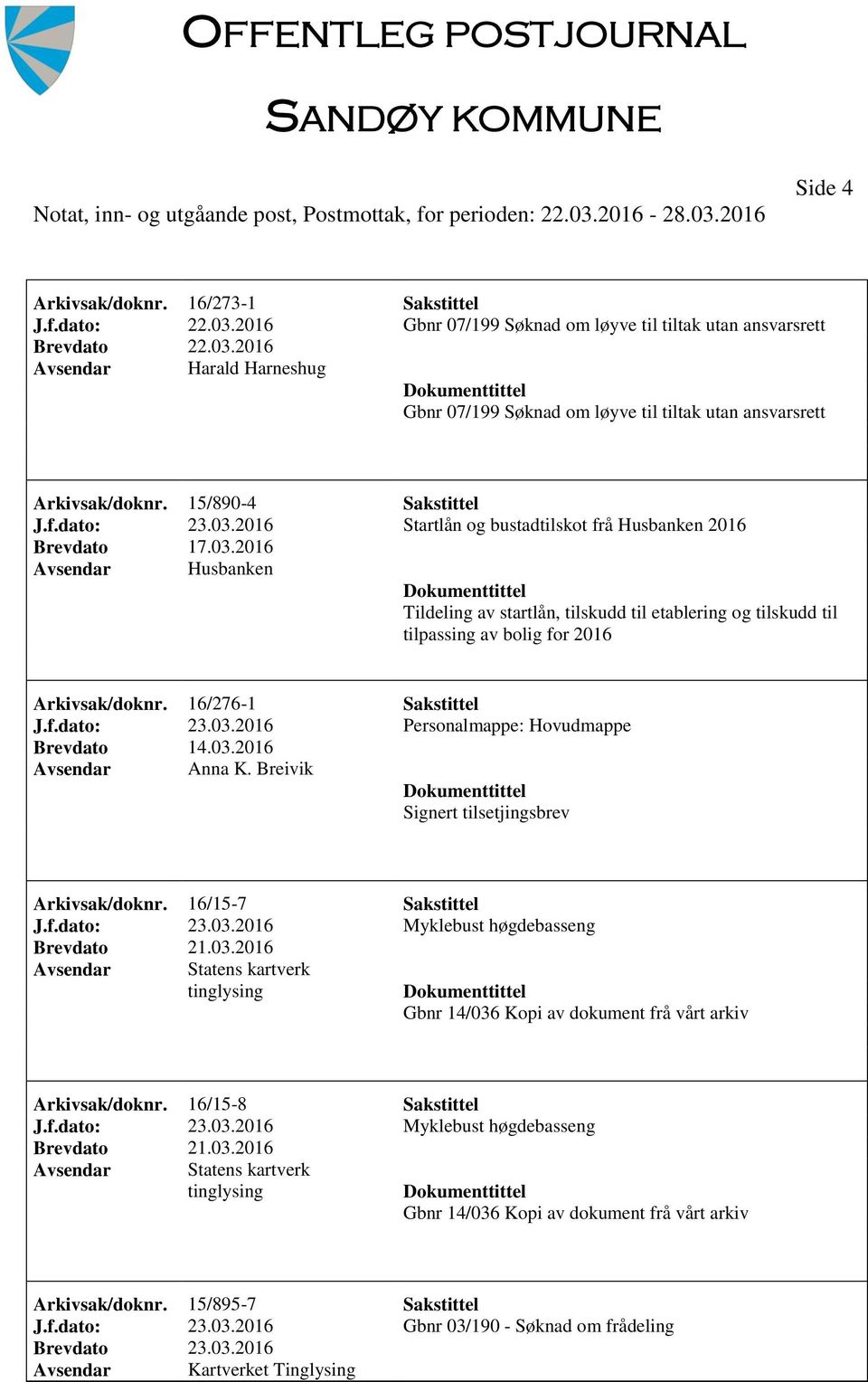 2016 Startlån og bustadtilskot frå Husbanken 2016 Husbanken Tildeling av startlån, tilskudd til etablering og tilskudd til tilpassing av bolig for 2016 Arkivsak/doknr. 16/276-1 Sakstittel J.f.dato: 23.