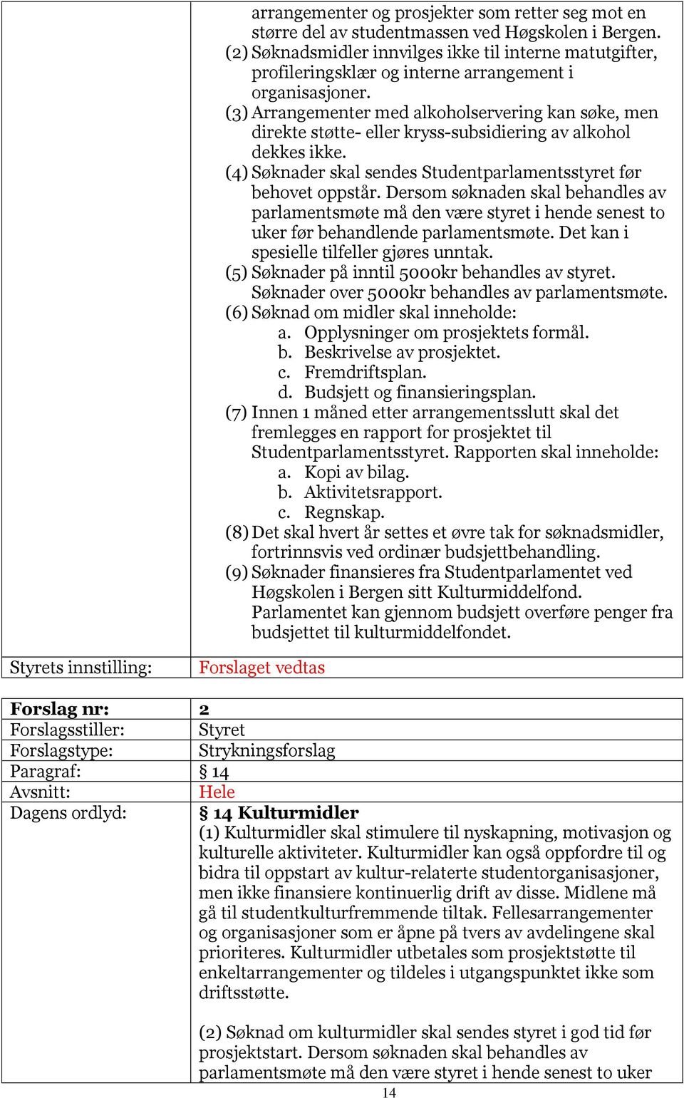(3) Arrangementer med alkoholservering kan søke, men direkte støtte- eller kryss-subsidiering av alkohol dekkes ikke. (4) Søknader skal sendes Studentparlamentsstyret før behovet oppstår.