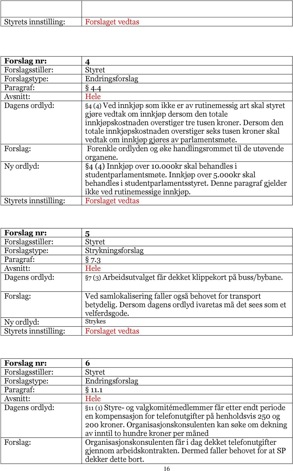 Dersom den totale innkjøpskostnaden overstiger seks tusen kroner skal vedtak om innkjøp gjøres av parlamentsmøte. Forslag: Forenkle ordlyden og øke handlingsrommet til de utøvende organene.