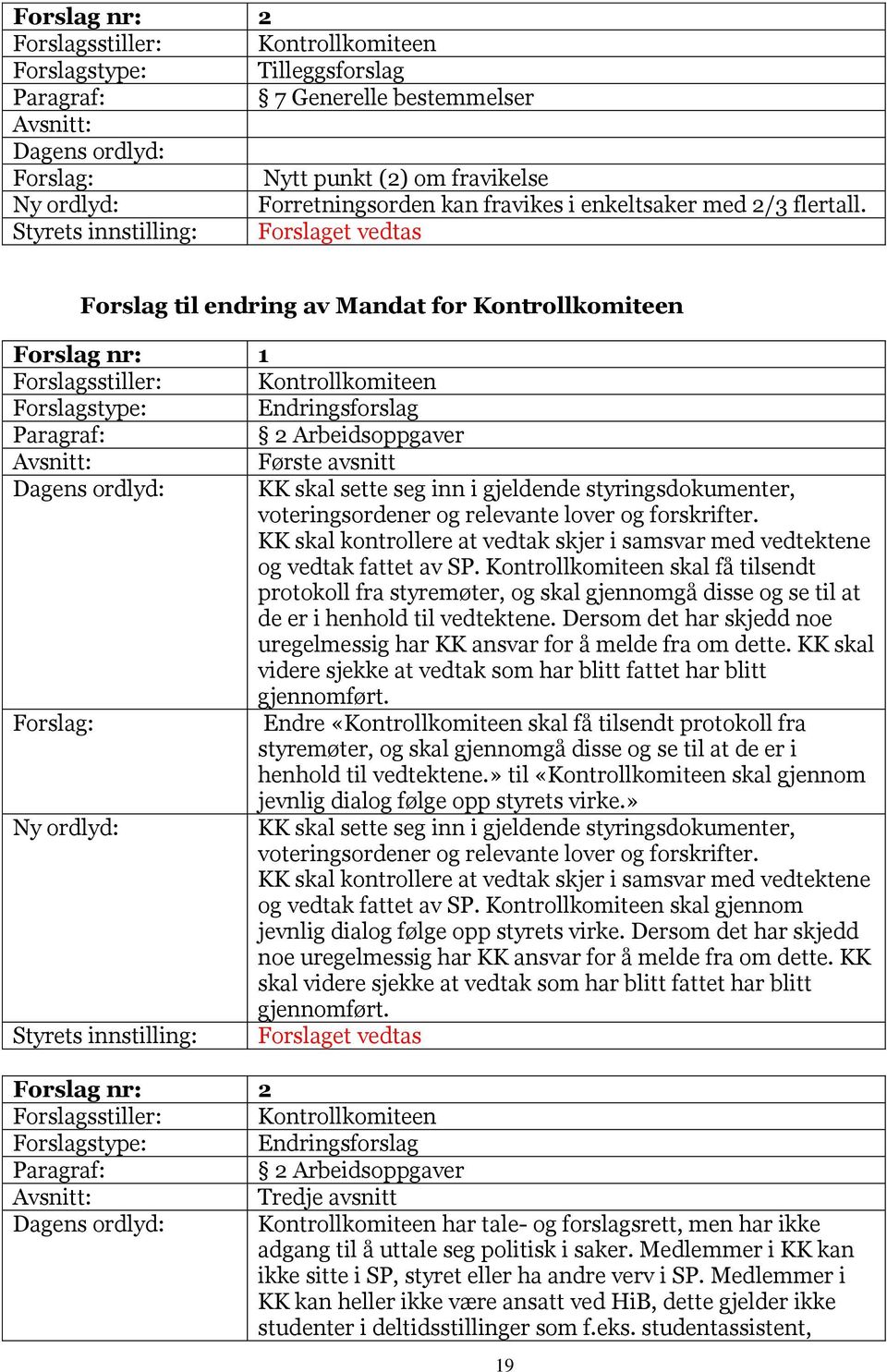 Styrets innstilling: Forslaget vedtas Forslag til endring av Mandat for Kontrollkomiteen Forslag nr: 1 Forslagsstiller: Kontrollkomiteen Endringsforslag Paragraf: 2 Arbeidsoppgaver Avsnitt: Første